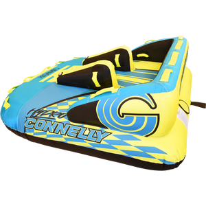 Side view of the Hydro 3 towable tube with black seating, blue and yellow checkered accents, and multiple handles for grip.