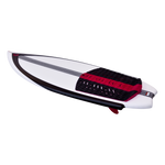 Side profile of the Jet wakesurf board, showcasing its curved rails, textured grip pad, and sharp, pointed nose.