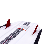 Close-up of Jet board’s red fins installed on the base, showing secure placement and hydrodynamic design.