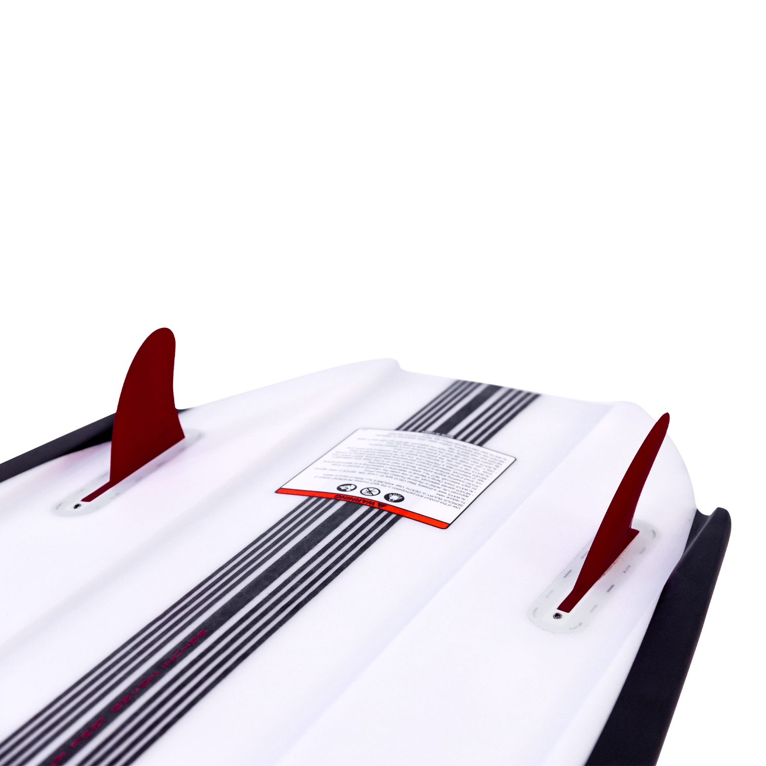 Close-up of Jet board’s red fins installed on the base, showing secure placement and hydrodynamic design.