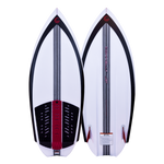 Top and base view of the Jet wakesurfer with a white base, black accents, red traction pad, pointed nose and swallow tail.