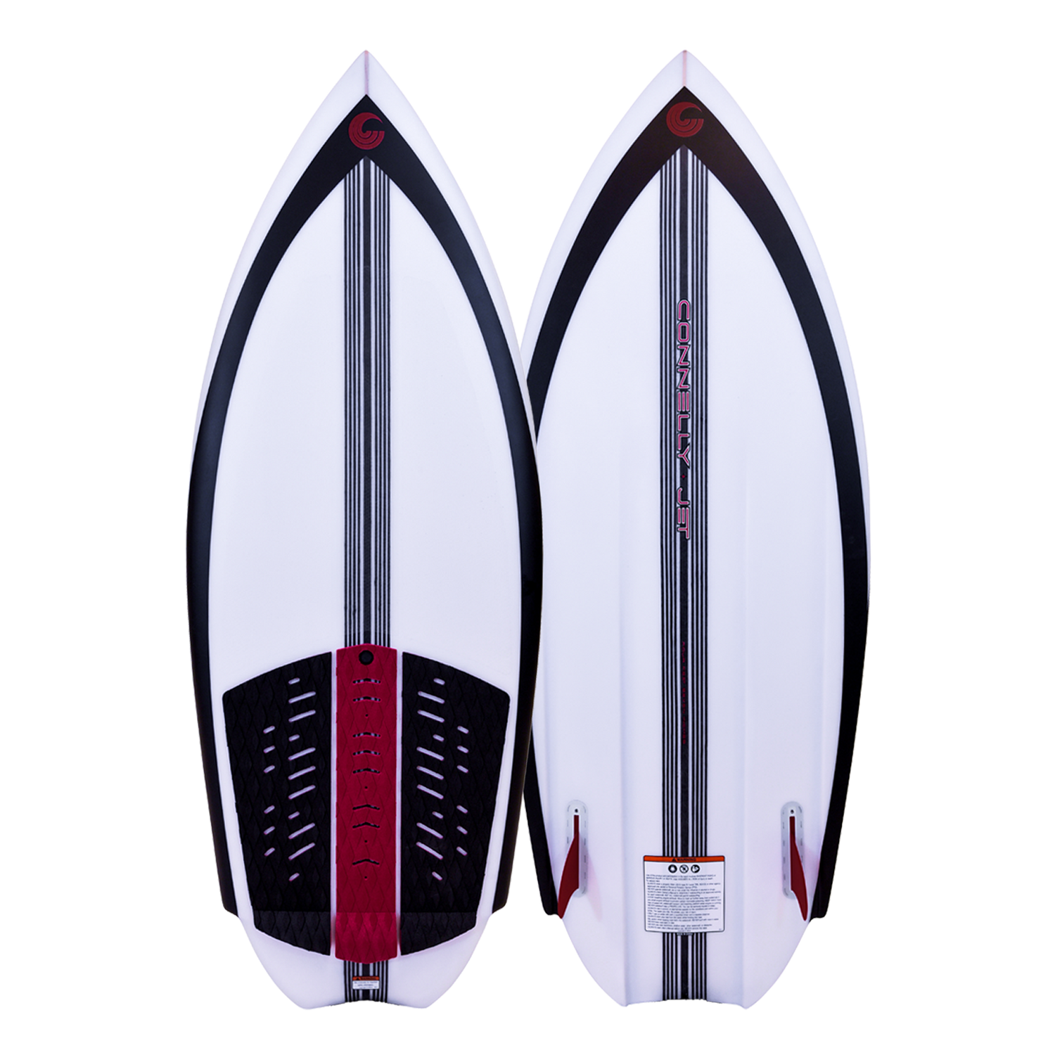 Top and base view of the Jet wakesurfer with a white base, black accents, red traction pad, pointed nose and swallow tail.