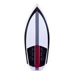 Top view of the Jet board's textured traction pad, white, black and red design, and swallow tail shape.