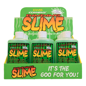 Binding Slime 8oz 12-pack display with bright green bottles, flip-top caps, and eco-friendly formula for easy entry.