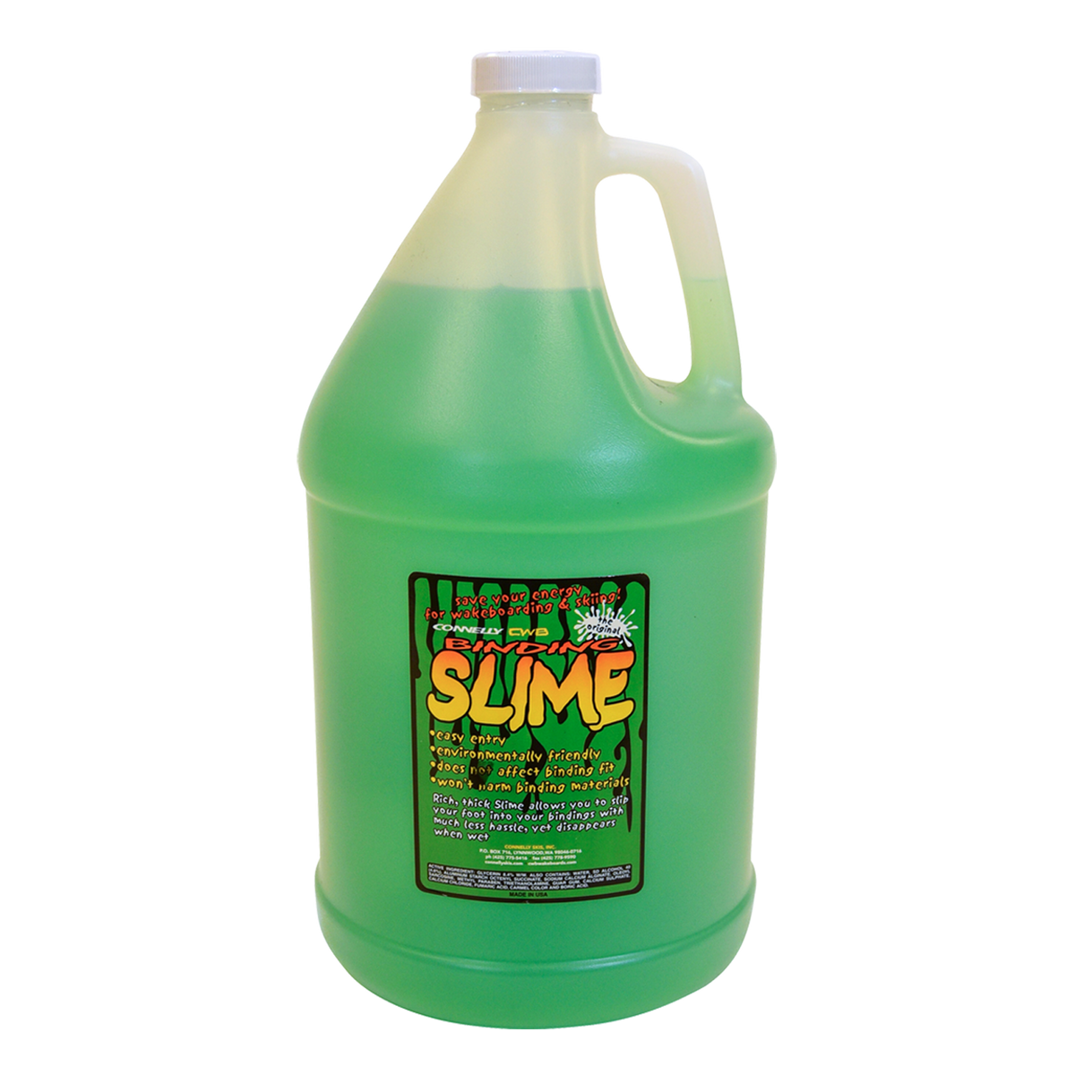 One-gallon jug of green Binding Slime with a built-in handle and a colorful label highlighting its eco-friendly formula.