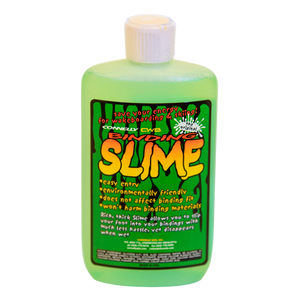 Bright green Binding Slime in an 8-ounce bottle with a flip-top cap and label promoting its eco-friendly, easy-entry formula.