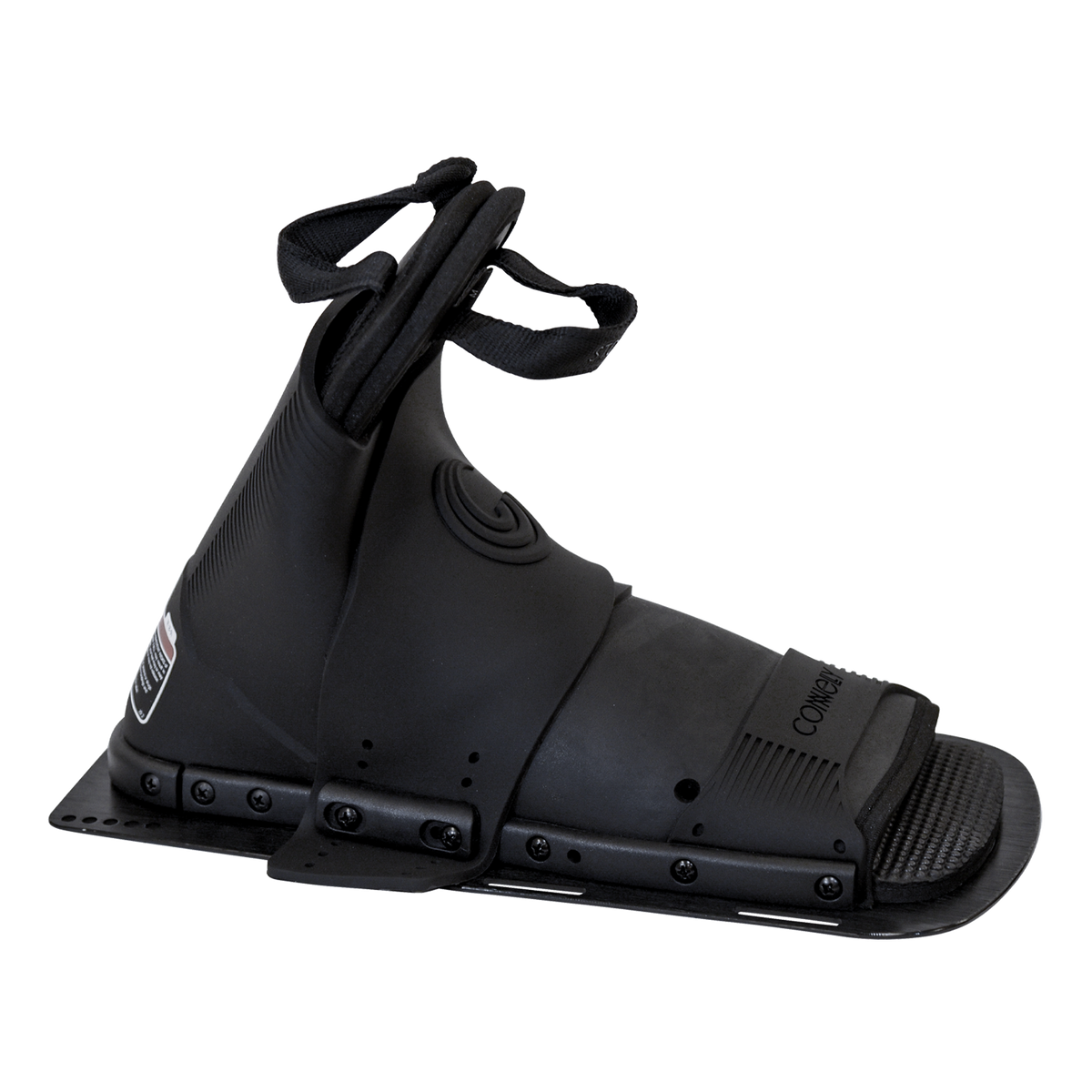 Side view of the Stoker Front binding in black with an open-toe design, adjustable laces, and a sturdy mounting plate.