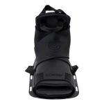 Front view of the Stoker Front binding in black with a raised ankle section, embossed logo, and reinforced toe area.