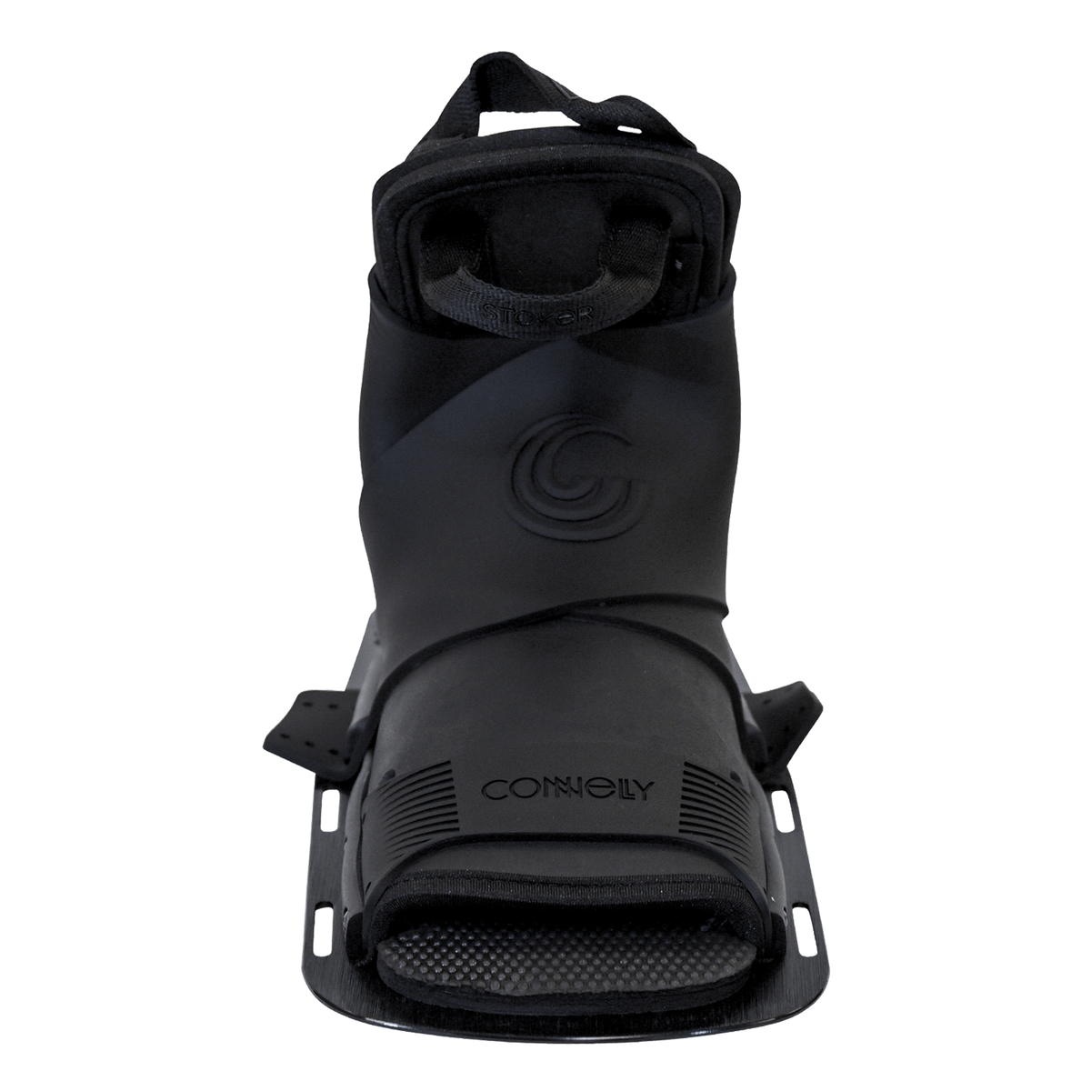 Front view of the Stoker Front binding in black with a raised ankle section, embossed logo, and reinforced toe area.