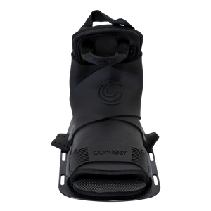 Front view of the Stoker Front binding in black with a raised ankle section, embossed logo, and reinforced toe area.