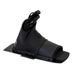 Angled view of the Stoker Rear binding in black, showcasing the ergonomic design, open-toe fit, and secure fastening system.