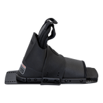 Side view of the Stoker Rear binding in black, showing a sturdy mounting plate, molded overlays, and adjustable lace system.