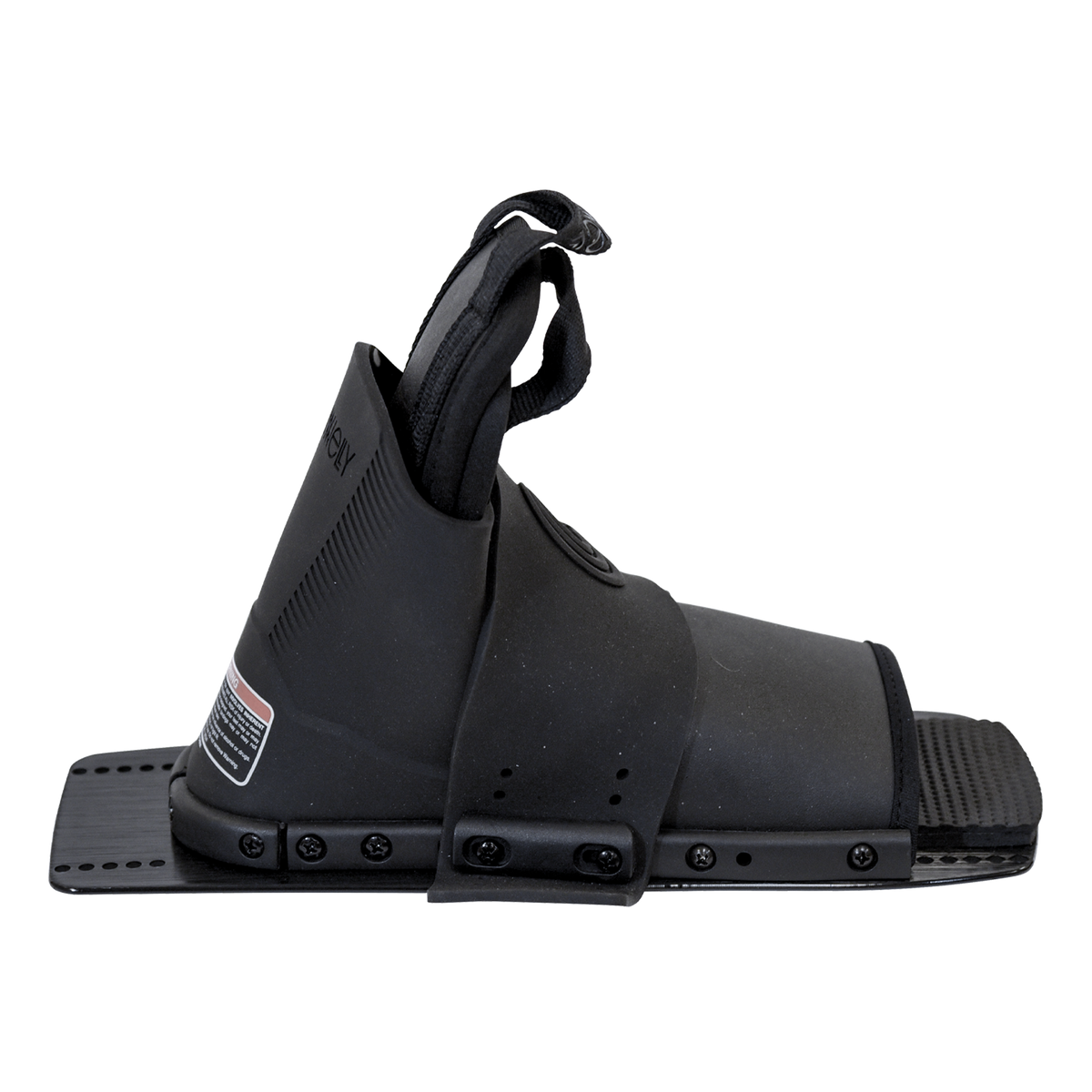 Side view of the Stoker Rear binding in black, showing a sturdy mounting plate, molded overlays, and adjustable lace system.