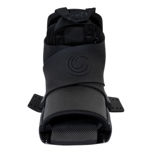 Front view of the Stoker Rear binding in black, featuring an open-toe design, embossed logo, and cushioned footbed.