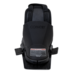 Back view of the Stoker Rear binding in black with an embossed logo, adjustable straps, and a warning label on the heel.