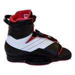 Opposite side view of the Venza binding, padded red interior, lace system, and a supportive ankle cuff.