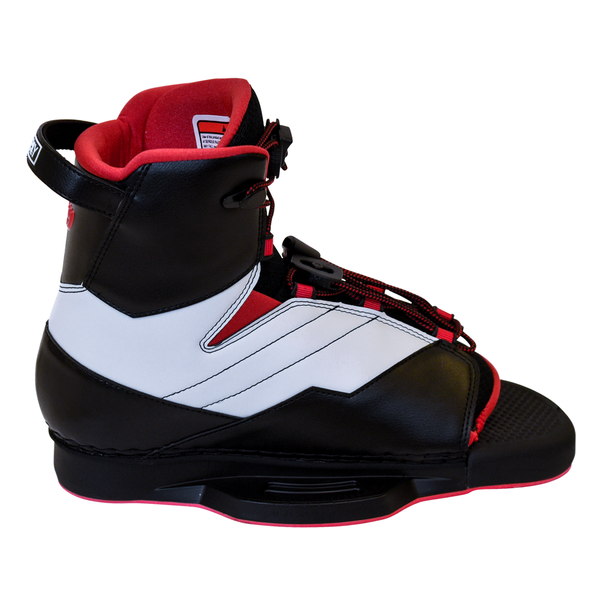 Opposite side view of the Venza binding, padded red interior, lace system, and a supportive ankle cuff.