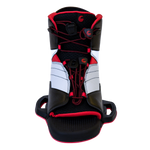 Front view of the Venza binding, open-toe design, black and white paneling, red accents, and a secure lace system.