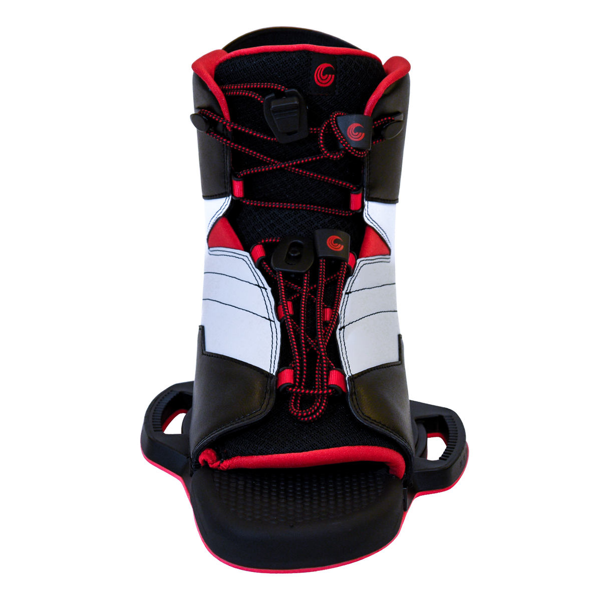 Front view of the Venza binding, open-toe design, black and white paneling, red accents, and a secure lace system.