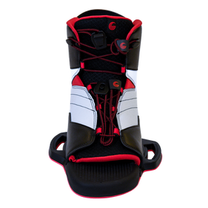 Front view of the Venza binding, open-toe design, black and white paneling, red accents, and a secure lace system.