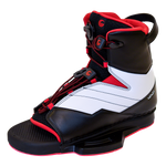 Angle view of the Venza binding, open-toe design, adjustable laces, and black, white, and red color scheme.
