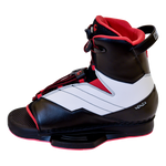 Side view of the Venza binding, black and white with red accents, lace-up closure, and a reinforced baseplate.