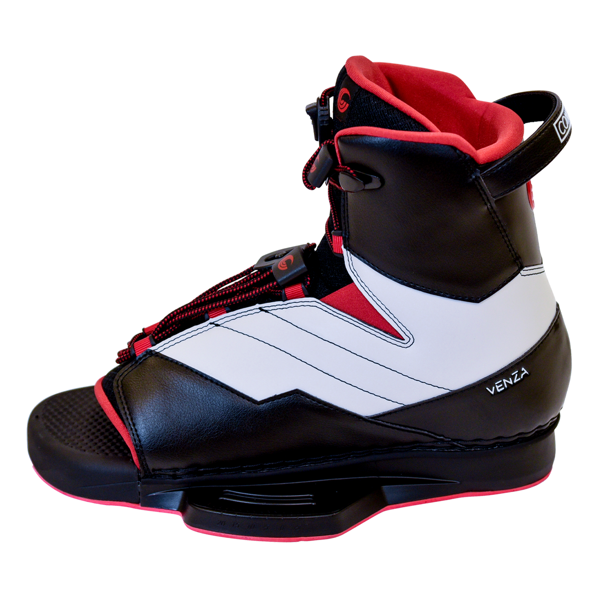 Side view of the Venza binding, black and white with red accents, lace-up closure, and a reinforced baseplate.