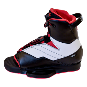 Side view of the Venza binding, black and white with red accents, lace-up closure, and a reinforced baseplate.