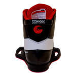 Rear view of the Venza binding, black, white, and red with a high cuff, Connelly logo, and rear pull loop.