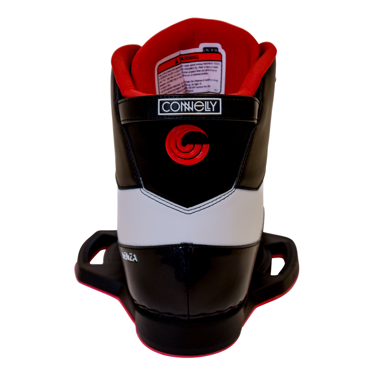 Rear view of the Venza binding, black, white, and red with a high cuff, Connelly logo, and rear pull loop.