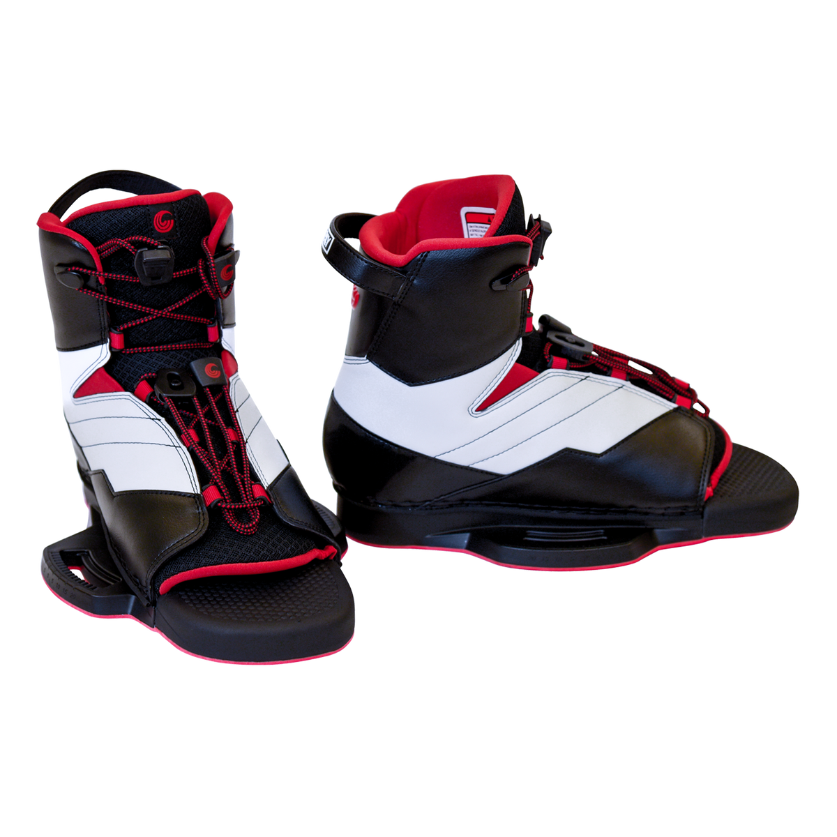 Pair of Venza bindings side by side, showing front and rear views, lace-up closures, and durable construction.