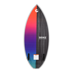 Bottom view of Benz wakesurf board with red-to-blue gradient design and twin fin setup.