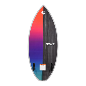Bottom view of Benz wakesurf board with red-to-blue gradient design and twin fin setup.