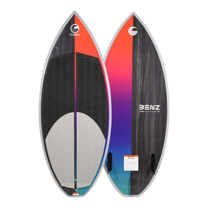 Front and back view of Benz wakesurf board with red-to-purple fade and black traction pads.