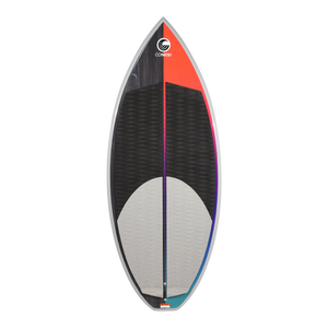 Top view of Benz wakesurf board showing black and gray traction pads with red tip accent.