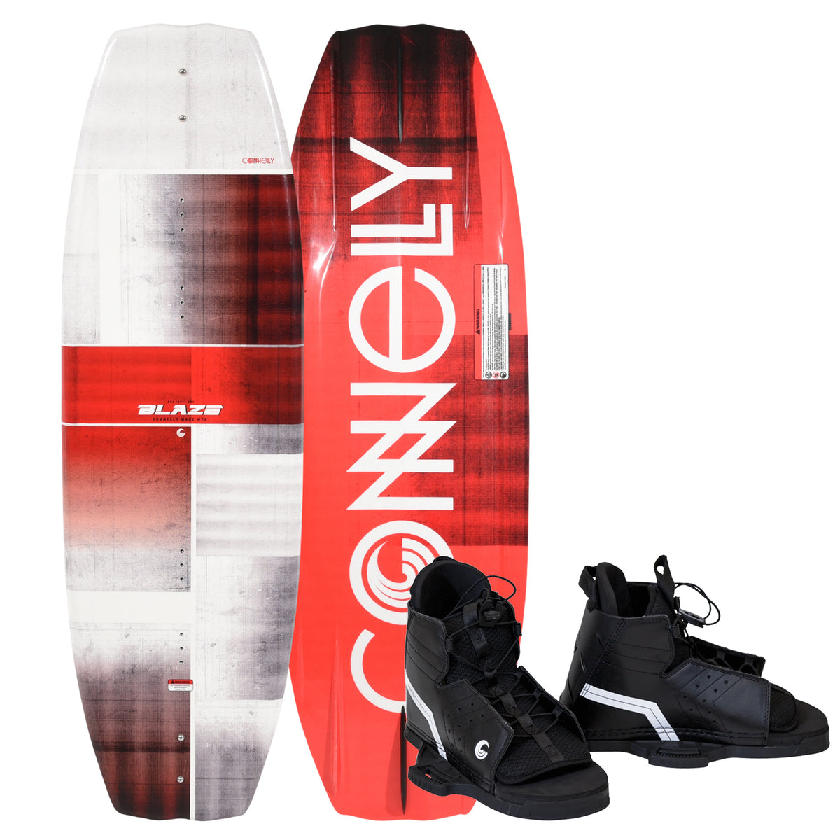 Top and bottom view of Blaze 141 wakeboard in red and gray with black Hale bindings.