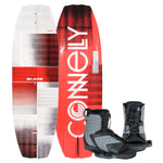 Top and bottom view of Blaze 141 wakeboard in red and gray with black and gray Optima bindings.