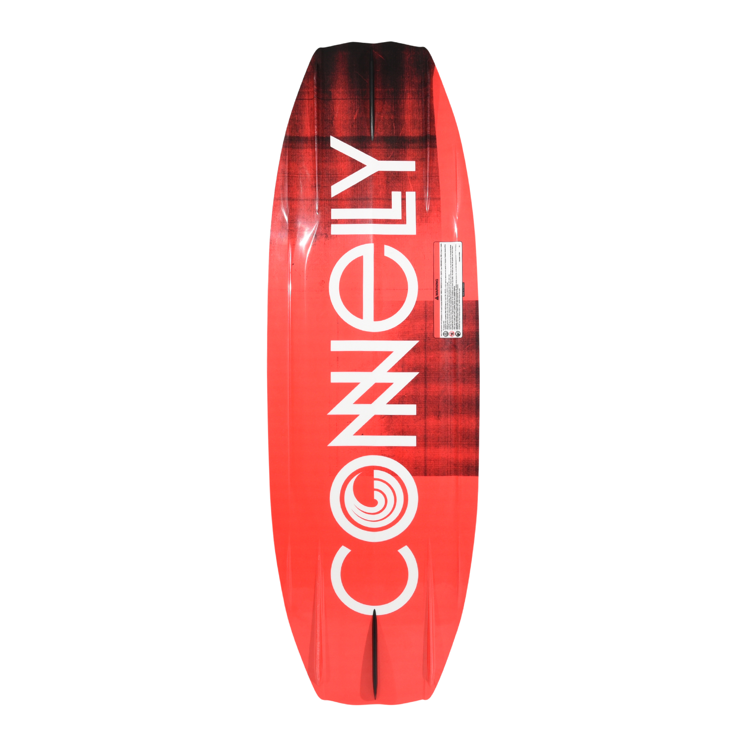 Bottom view of the Blaze wakeboard with bold white logo over red and black design.