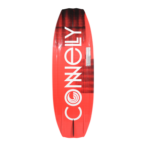 Bottom view of the Blaze wakeboard with bold white logo over red and black design.
