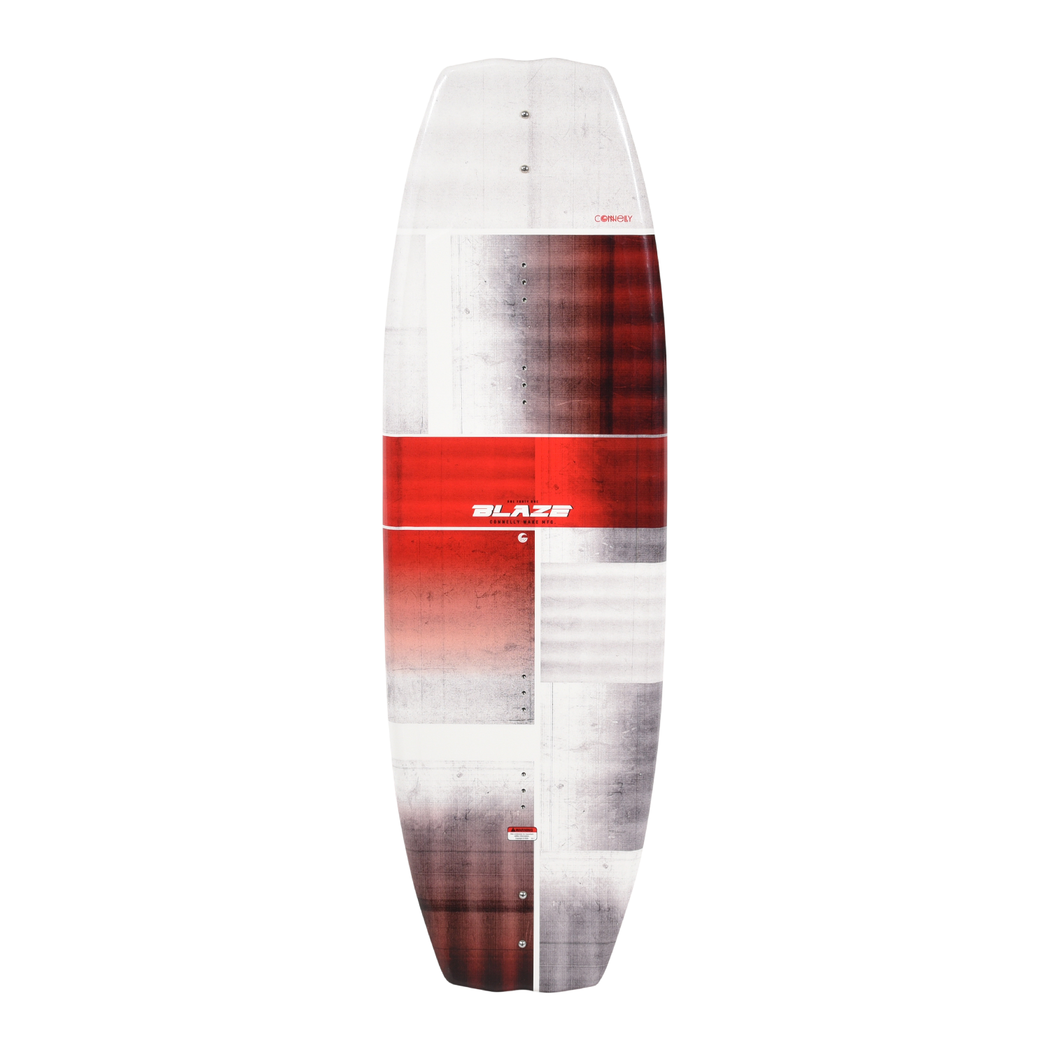 Top view of the Blaze wakeboard with white, gray, and red block pattern design.