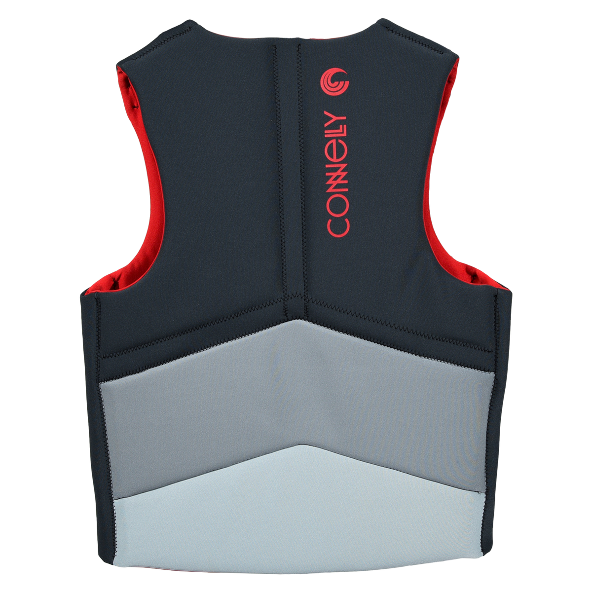 Back view of Choice Neo vest in black and gray with red interior and vertical logo.