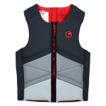 Front view of Choice Neo vest in black and gray with red zipper and circular chest logo.