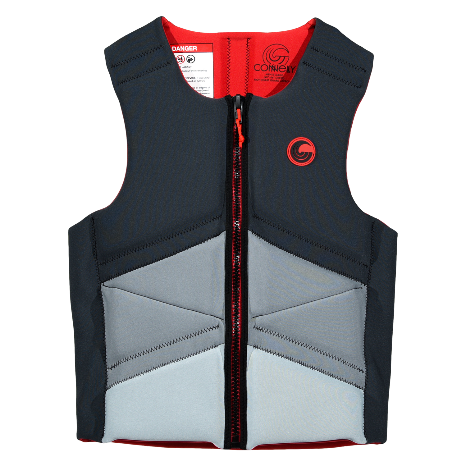 Front view of Choice Neo vest in black and gray with red zipper and circular chest logo.