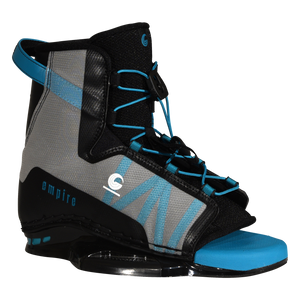 Angled side view of Empire binding with gray upper, black heel, and blue lace accents.