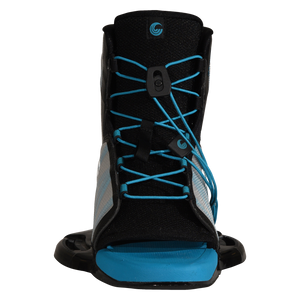 Front view of Empire binding with blue laces and open toe footbed.