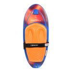 Top view of the Fireball kneeboard with orange pad, black strap, and gradient logo graphic.
