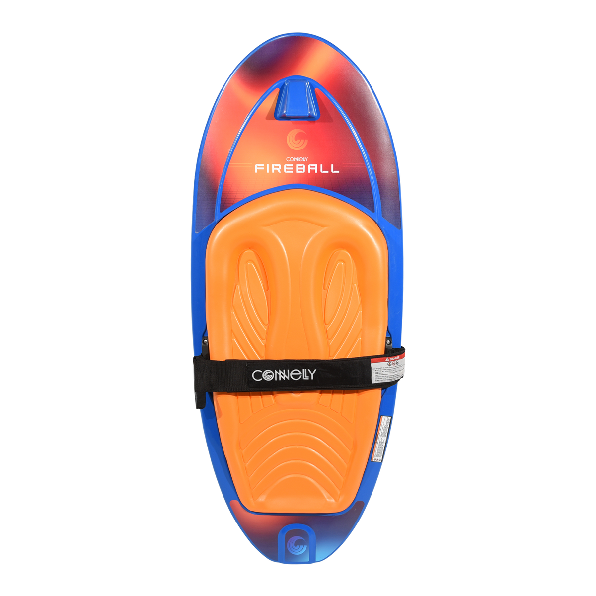 Top view of the Fireball kneeboard with orange pad, black strap, and gradient logo graphic.