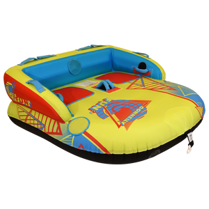 Angled front view of Fun 2 towable tube with backrest and colorful graphics.