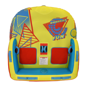 Top view of Fun 2 towable tube showing yellow, red, and blue design with handles.
