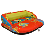 Angled front view of Fun 3 towable tube with yellow backrest and bold graphics.